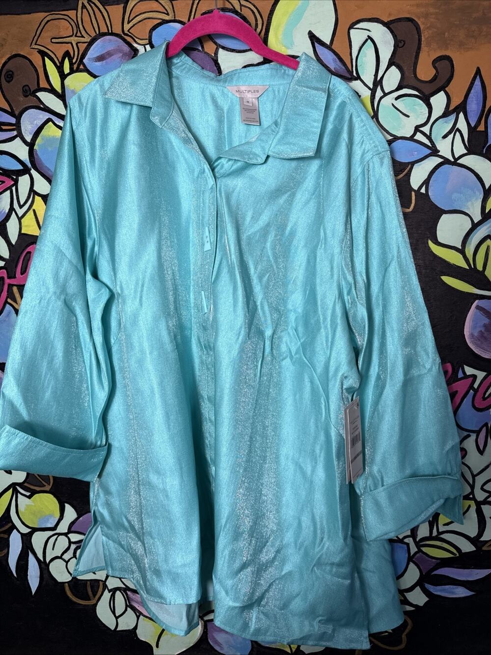 Multiples Shimmer Button Down Shirt, Blue, 1X